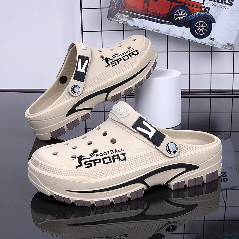 Premium Khaki Men's Breathable Clogs - Non-Slip EVA Footwear, Casual Slides, Lightweight Waterproof Water Shoes for Beach Camping & Daily Commute, Outdoor Water, Chevron Stripe, Anti Slip Men's Fashion Slippers, Eva Sole