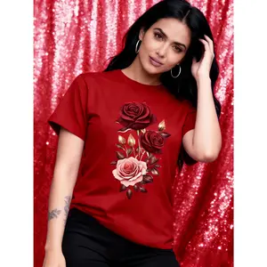 100% pure cotton, unique rose pattern short-sleeve round-neck casual T-shirt, suitable for outdoor and indoor wear, gift, birthday gift, women's clothing gift