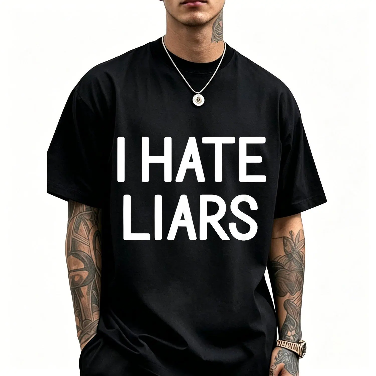 Men Short Sleeve T Shirts with "I Hate Liars" Funny Casual Sarcastic Slogan Tee White Print Black Shirt for Liar Prank Humor Gift Stylish Comfortable Top