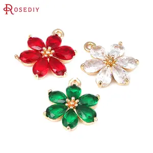 4PCS 18K Gold Color Brass and Zircon Flower Charms Pendants Diy Jewelry Making Supplies Necklace Earrings Accessories