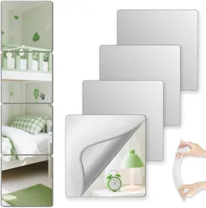 Shatterproof Peel and Stick on Mirror Tiles for Wall Decorative, 4 pcs 8”x8” Unbreakable Small Mirrors for Wall Classroom Decor, Toddlers Mirror for Kids Bedroom, Plastic Door Adhesive Mirrors