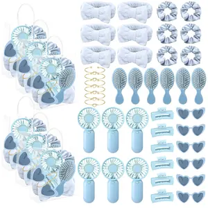 Suncalla 48 Pcs 6 Sets Bridesmaids Gifts Set Mini Portable Fan Hair Clips Scrunchies Sunglasses Travel Detangling Brush Spa Headband Bracelets PVC Bag for Bachelorette Party Bridal Shower Gift (Blue)