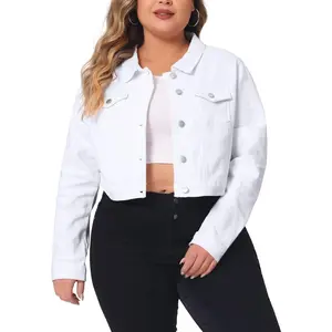 Women's Plus Size Button Closed Cropped Stitching Denim Jackets