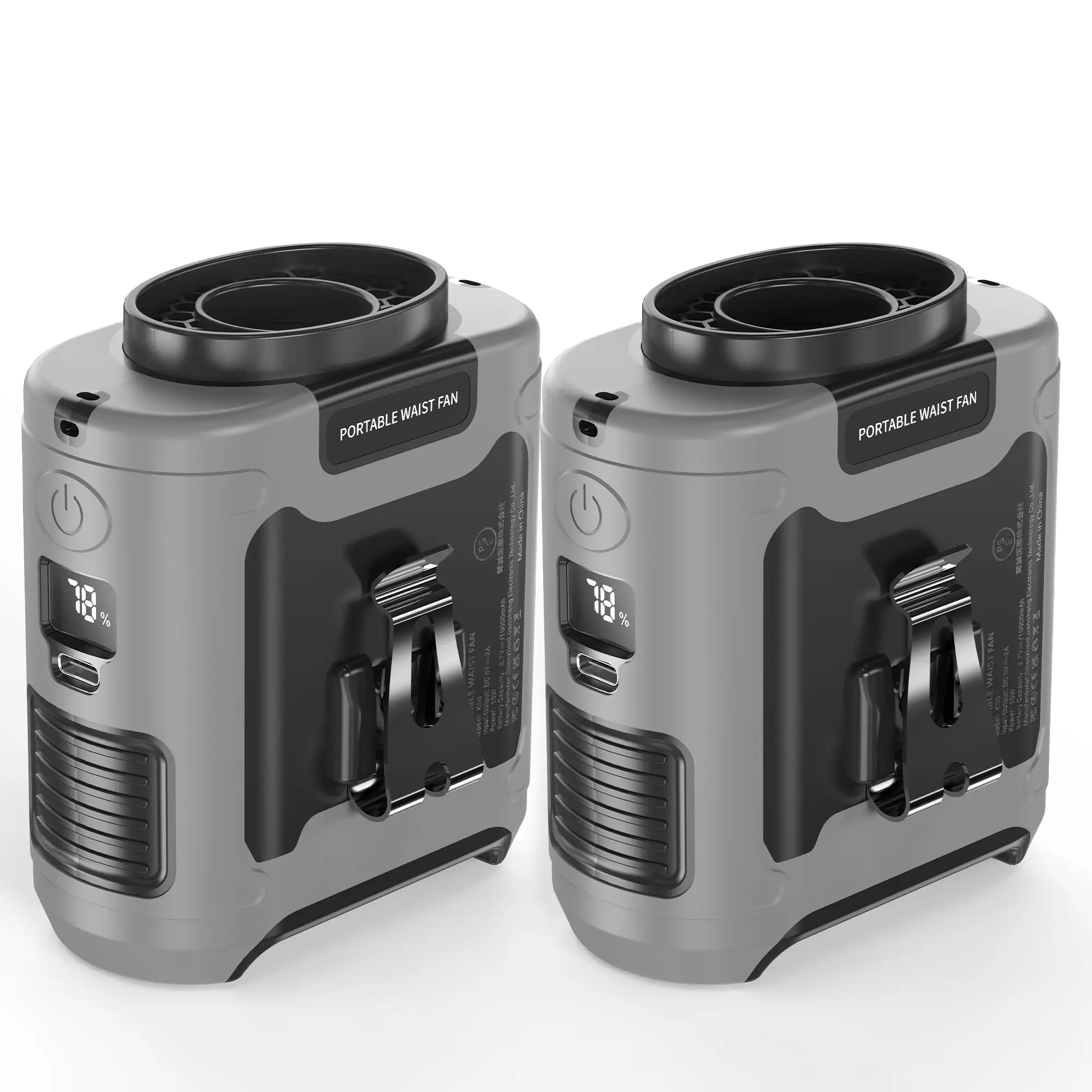 2 Pack Portable Fan, 10000mAh USB Rechargeable Shirt Fan, 5 Speeds Waist Fan Clip on, Hands-free Wearable Belt Fan with Flashlight & Power Bank for Ou