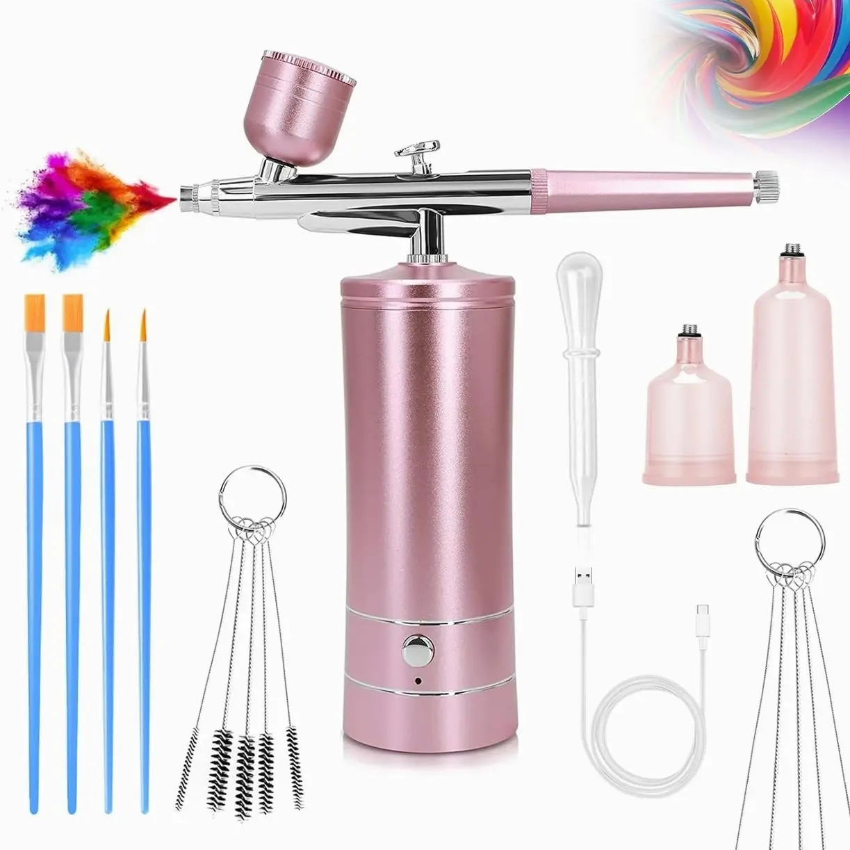 Airbrush Kit Air Brush Kit With Air Compressor Nail Charms Wireless Air Brush for Barber, Nail Art,Makeup, Model Painting (Pink)
