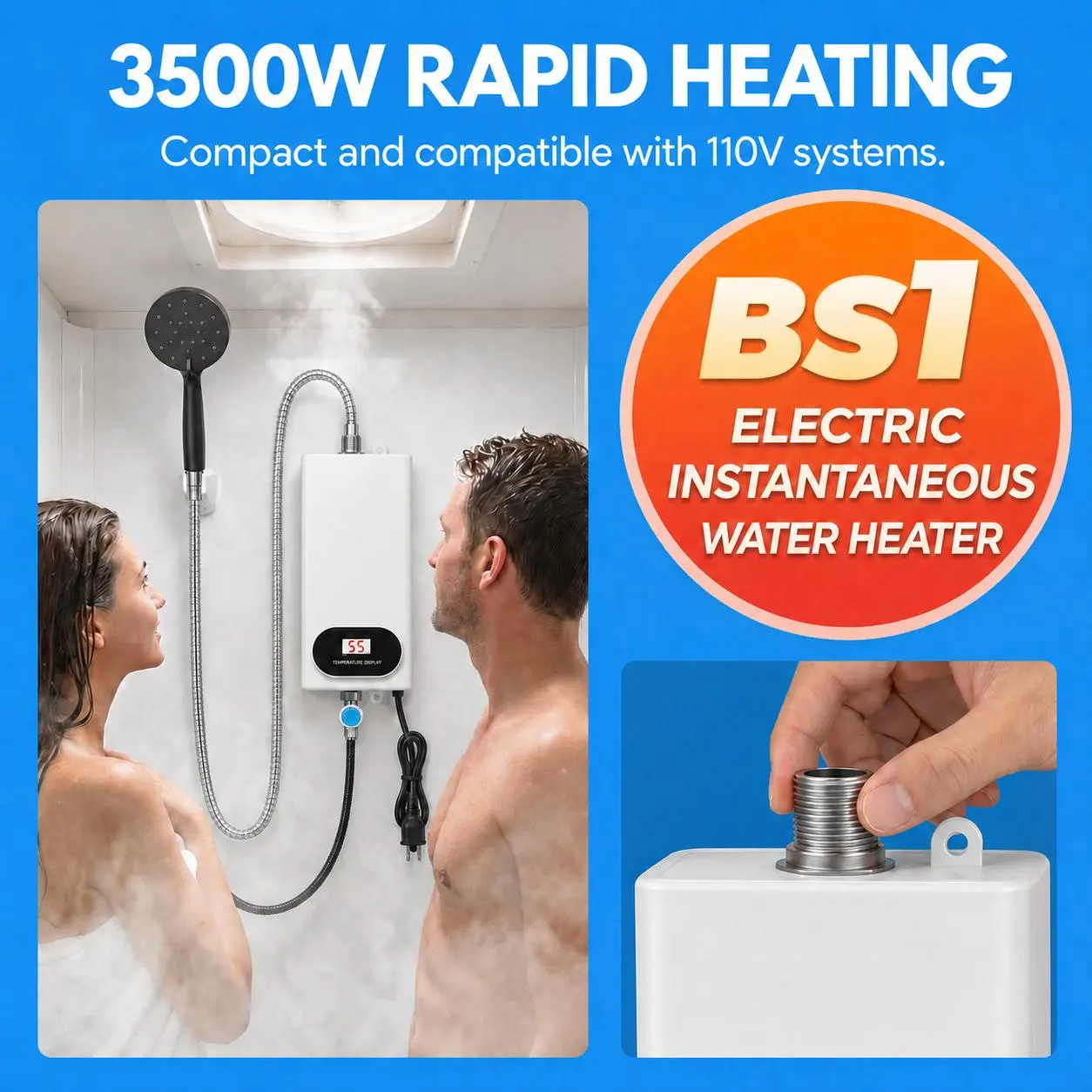 3500W Tankless Water Heater with Shower Head, Instant Hot Water, LCD Temperature Display, Compact Electric Heater for Bathroom Kitchen RV, Easy Install 110V#SummerVibes