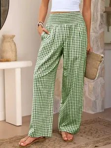 New Women's Plaid Casual Elastic Waisted Pants, Loose Fit Elastic High Waist Wide Leg Pants, Fashionable Cross-Border Clothing for Ladies