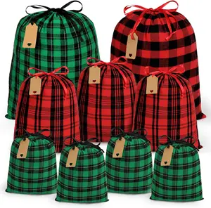 Christmas Gift Bags Drawstring, 9pcs Reusable Cloth Xmas Sacks Assorted Sized Buffalo Plaid Cloth Pouches with Gift Tags for Xmas Party Presents(Red, Green)