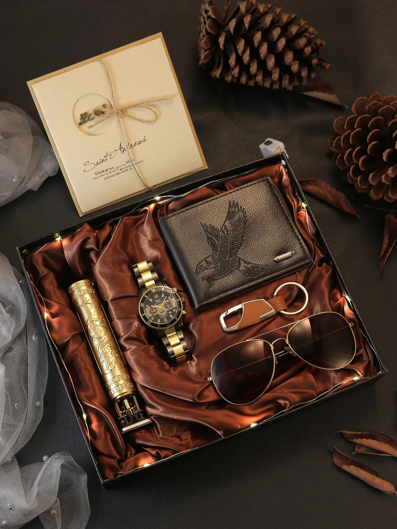 Men's Watch + Decorative Glasses + Hair Clipper + Wallet + LED Light Keychain + Greeting Card, Perfect Gift Set for Him, Perfect Gift Bundle, Surprise Gifts, Gift Idea, Man Gift Set, Accessories