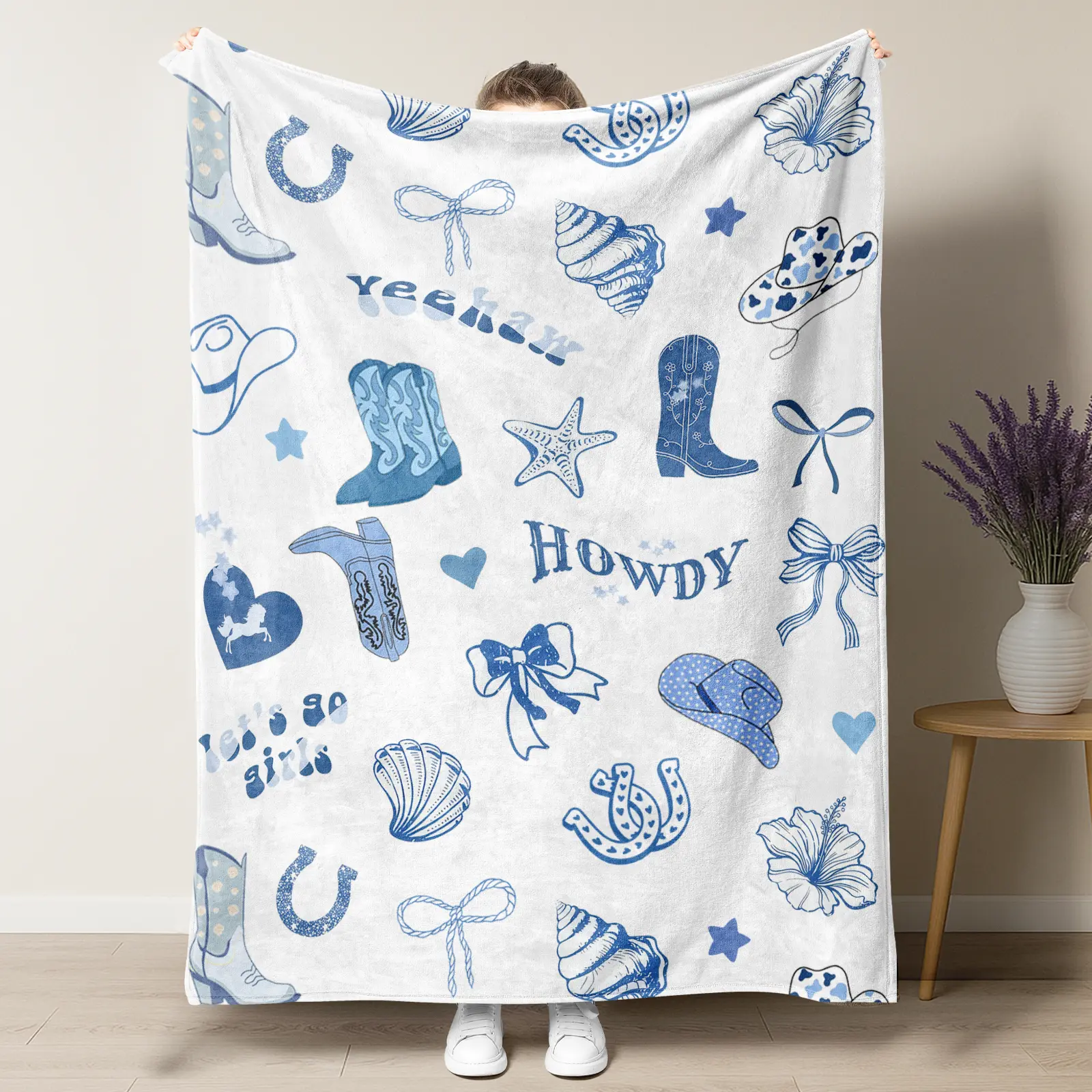 Coastal Cowgirl Howdy Yeehaw Fleece Blanket - Blue Western Boot & Seashell Pattern, Western & Coastal Bohemian Style, Perfect for Preppy Fans, Ideal for Dorm & Bedroom Decor, Western Blankets, Coastal Bohemian Blankets