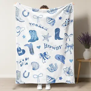 Coastal Cowgirl Howdy Yeehaw Fleece Blanket – Blue Western Boot & Seashell Pattern, Perfect for Preppy & Country Fans, Ideal for Dorm, Bedroom & Beach House Decor