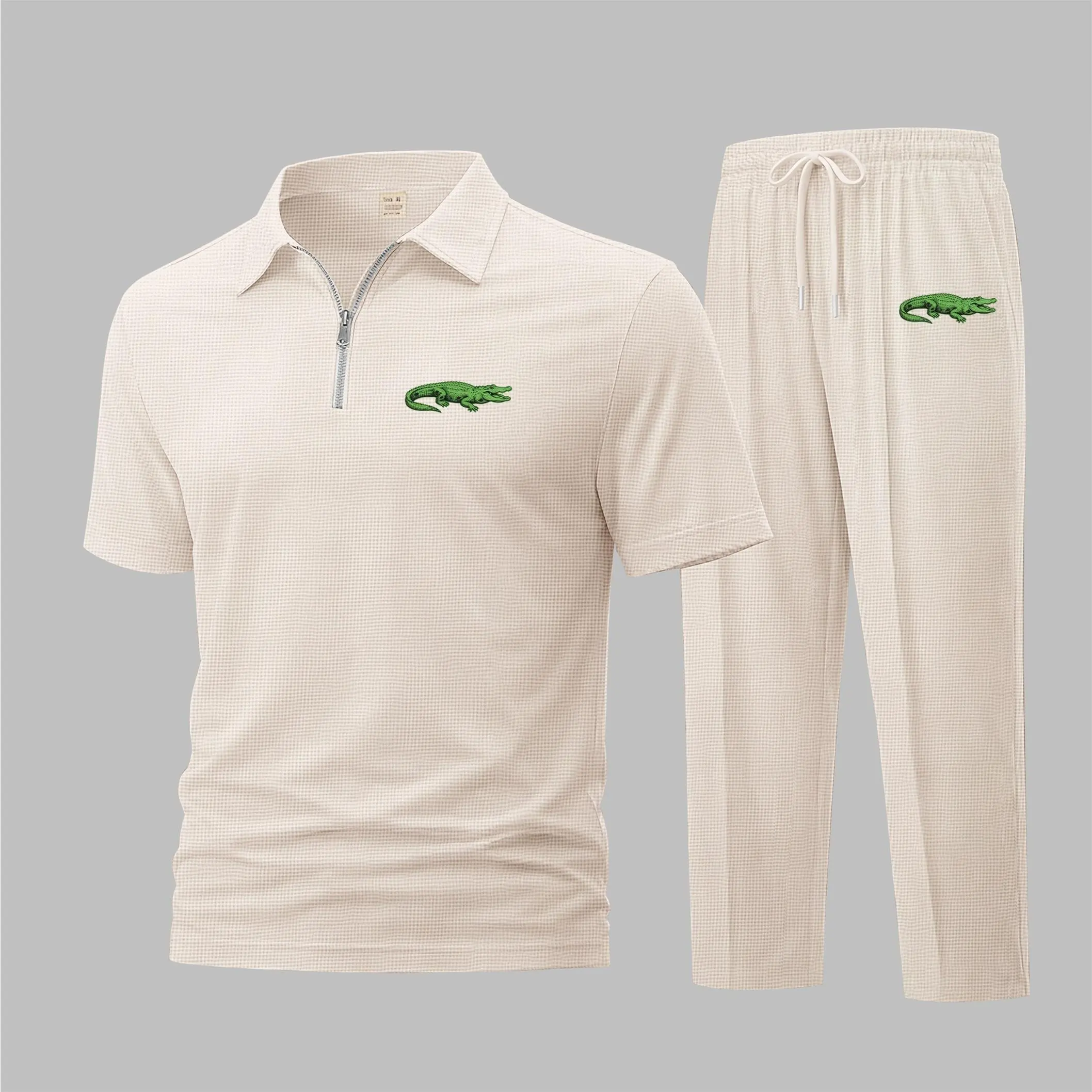 Men's Animal Graphic Half-Zip Polo Shirt And Drawstring Pants Set For Spring/Summer, Casual Short-Sleeved Top And Long Pants Two-Piece Outfit For Daily Wear, Sports And Relaxed Lifestyle