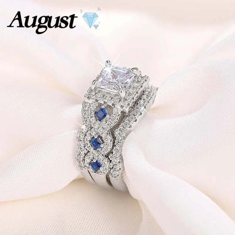 Women's 3-Piece Stackable Ring Set, Elegant Square Cut Blue Cubic Zirconia Jewelry for Daily Wear, Luxury Gift, Sizes 6-10, Blue Zircon, Stacking Ring Set, Rings