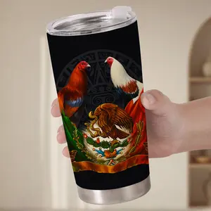 Mexican Heritage Rooster Gift for Dad Husband  20oz Stainless Steel Tumbler, Mexico Flag Emblem Travel Mug for Men Birthday