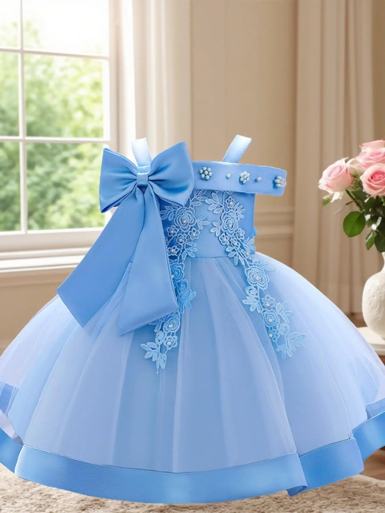 Infant Baby Girls Cold Shoulder Appliques Faux Pearls Big Bow Decor Tulle Dress, Elegant Contrast Mesh Fit & Flare Dress for Party Baptism, Newborn Baby Girl Birthday Dress, Birthday Babe Dress, Bombshell Baby Dress