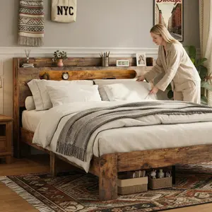 ARCH Bed Frame Farmhouse Queen Size with Storage Headboard & USB Charging Station LED Lights Wood Platform No Box Spring Needed Rustic Brown Bedroom Furniture