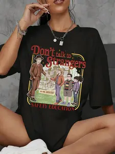 Women's Oversized Stranger Things Merch T-Shirt - Vintage 80s Don't Talk to Strangers Round Neck Graphic Tee | Hawkins Characters Print, Comfortable Casual Lounge Wear, Trendy Pop Culture Fan Gift, Retro Stranger Things Women's Graphic Tee