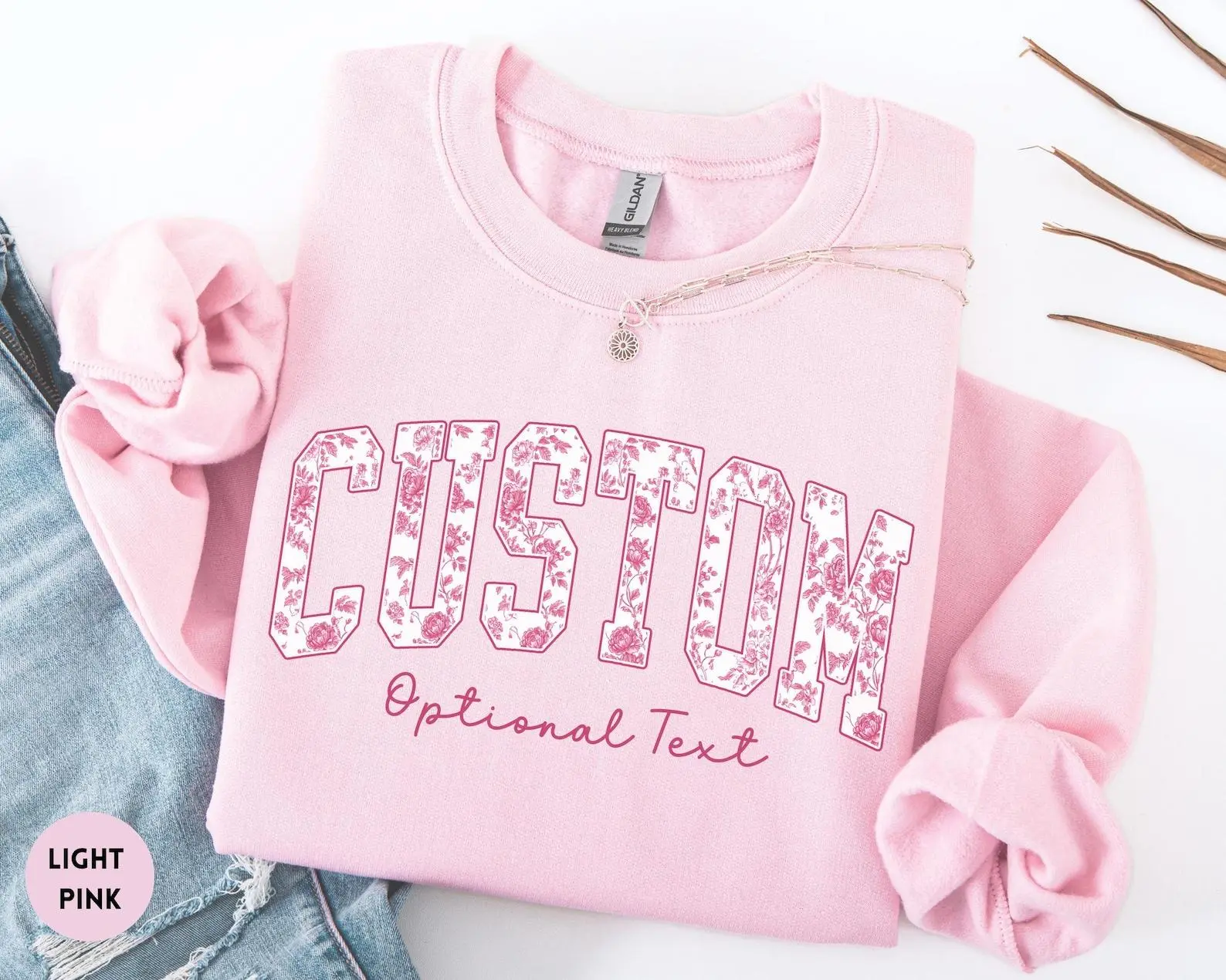 Custom Floral Sweatshirt, Personalized Pink Toile Crewneck, Custom Name Sweatshirt, Matching Family Group Gift