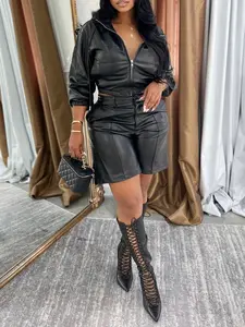 Women's Fashion Leather Jacket Fitted Set with Hat Long Sleeve Coat Short Pants Casual Fall Winter, Two-Piece Stylish Clothing