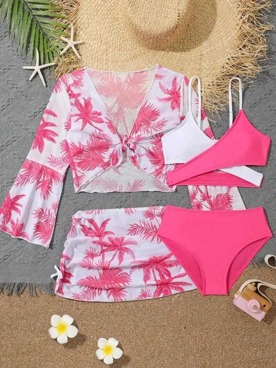 Tween Girl Colorblock Bikini Set, 4pcs Coconut Tree Print Swimwear With Cover Up
