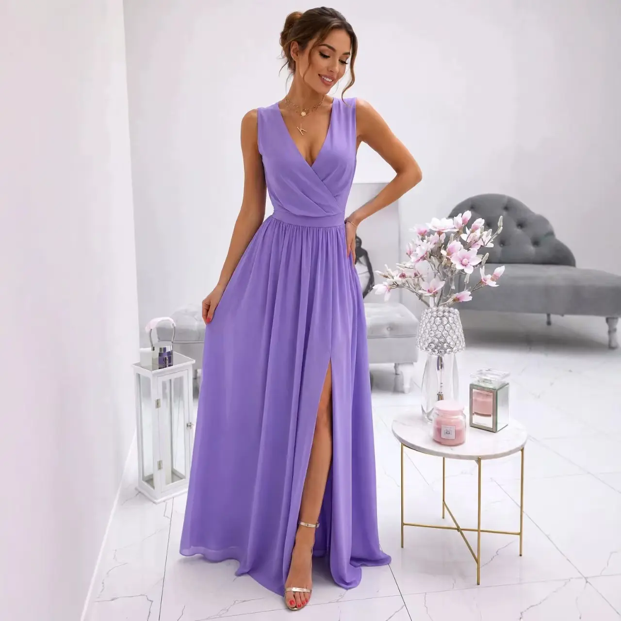 Women's Formal Elegant Purple Below Ankle Maxi Dress, Deep V-Neck, High Slit for Special Occasions