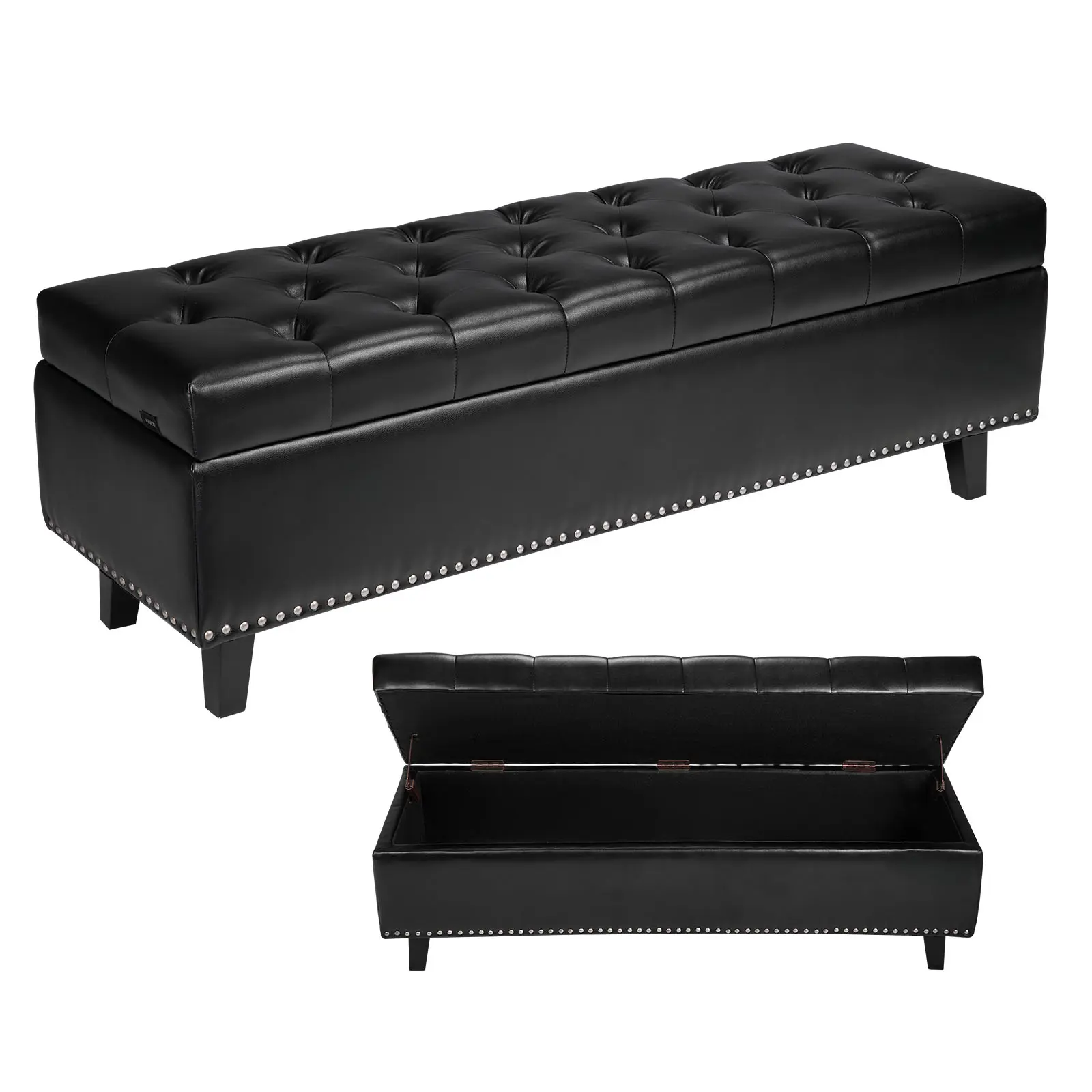 【SummerFinds】VEVOR Button-Tufted Storage Ottoman Bench, PU Leather Bench with Storage and Solid Wood Legs, Modern Shoe Benches Seat for Entryway, Upholstered End of Bed Benches for Living Room, Dining Room, Black