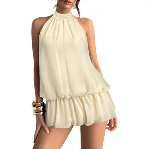 Women's Metallic Draped Sleeveless Crisscross Backless Flared Cami Dress White Large