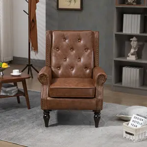 Mid-Century PU Leather Accent Chair, Living Room Lounge Sofa Chair with Buttons, Single Club Armchair with Rivet Trim for Bedroom Home Reception