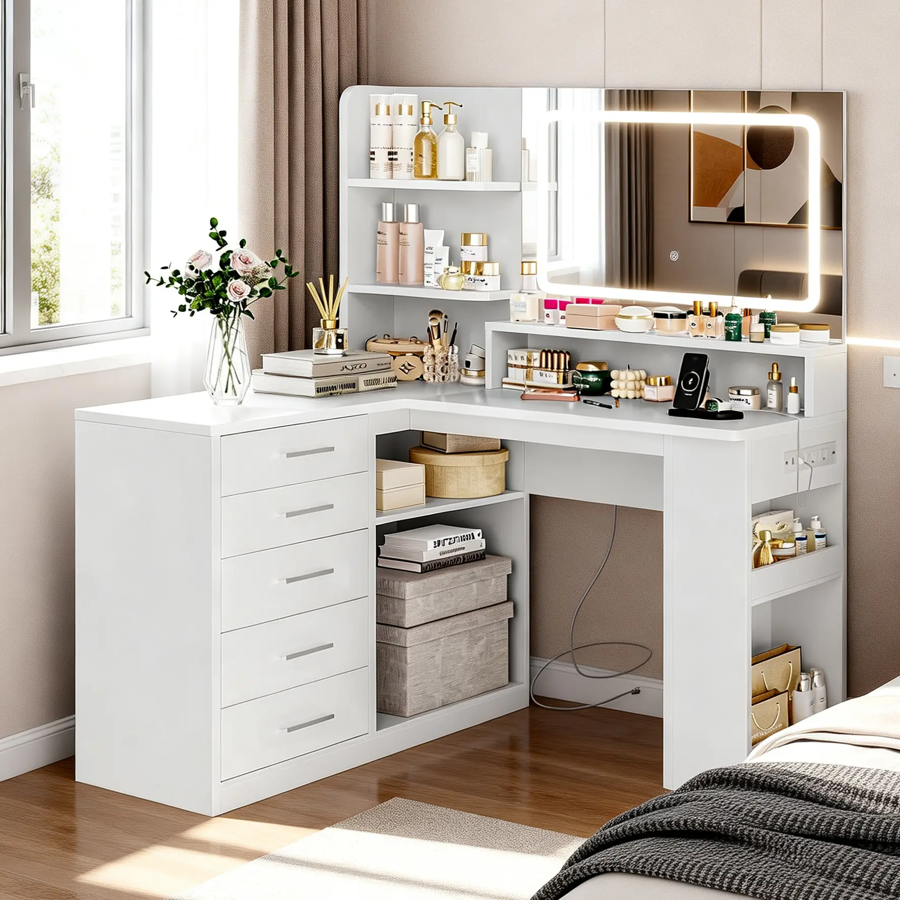 White L-Shape Vanity Desk with LED Light Mirror, Power Outlet, 5 Drawers & 4 Open Storage Shelves – Corner Makeup Dressing Table for Bedroom