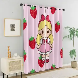 Sweet Cartoon Strawberry Girl Themed Curtains, Cute Pink Fruit Floral Curtain, Sweet Strawberry Princess Pattern Curtain Panels, Adorable Pink Strawberry Girl Curtains, Perfect Gift for Girls Bedroom Decor (2 Panels)