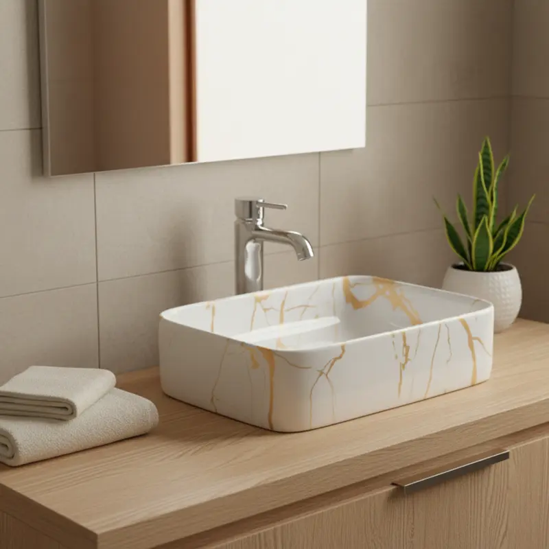Artiz Series Luxury Ceramic Rectangle Vessel Sink - 19"x15"x6" Durable Above-Counter Designer Bowl, Easy to Maintain, Fully Assembled Matte/Glossy Marble Pattern for Modern Bathrooms