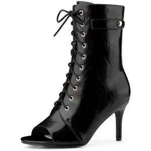 BLISSFUL STEP Women's Lace Up Peep Toe Boots Stiletto Heel Ankle Boots