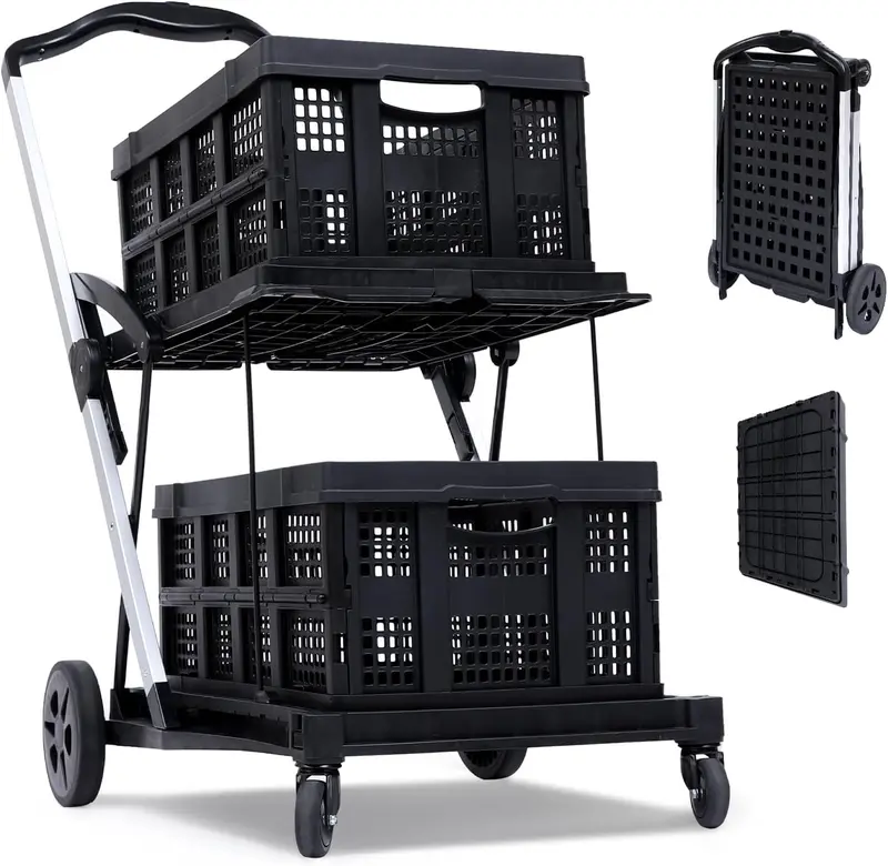 Folding Office Utility Cart with Wheels – 2-Tier Heavy Duty Hotel Rolling Organizer – Collapsible Multipurpose Trolley – Black, 2 Cargo Boxes