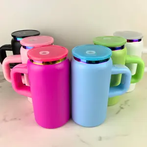 16 oz Stainless Steel Cup with Handle with Matching Color Plastic Straw, Drinkware, Tumbler, Reusable Cup, Wholesale Cup, Water Bottle