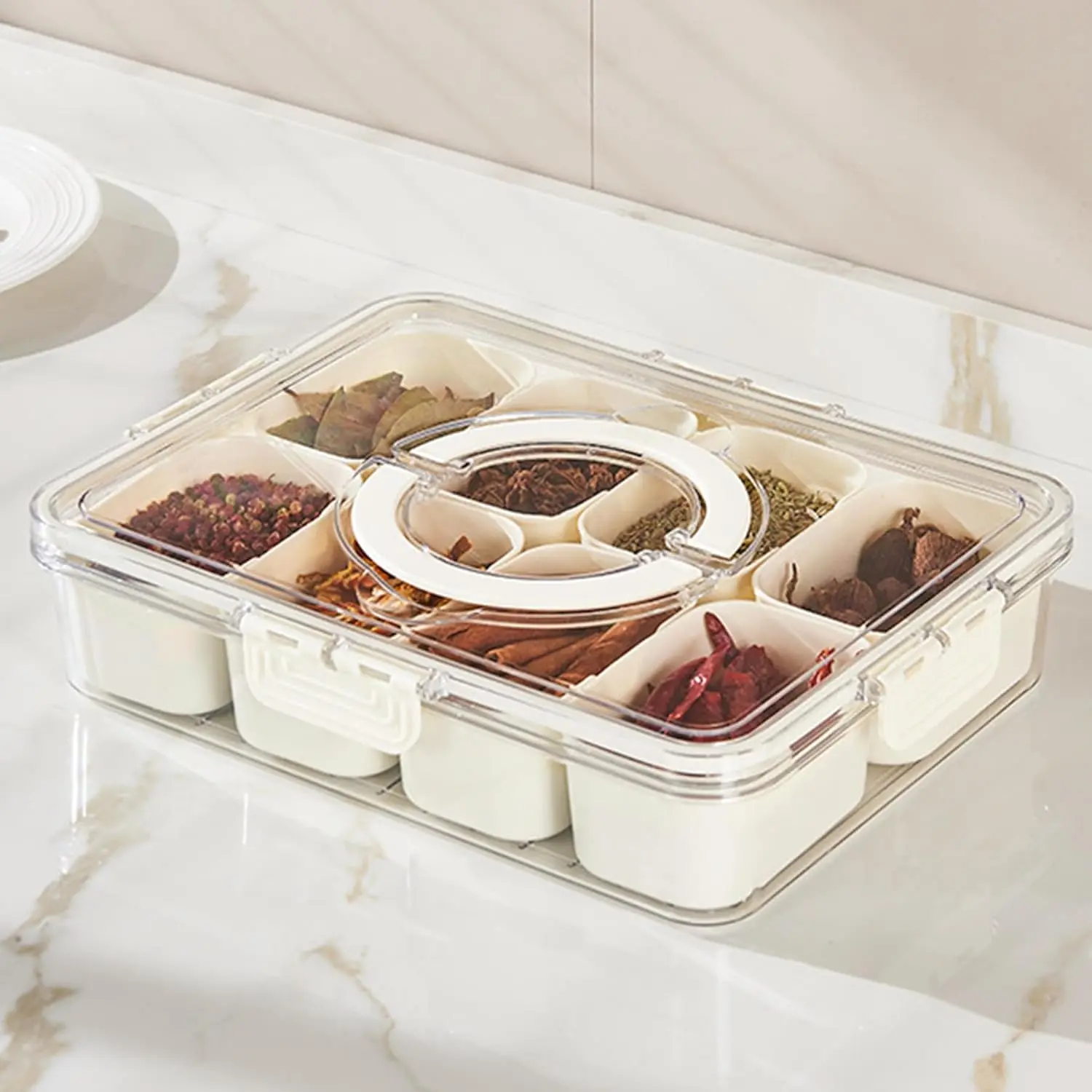MIUVA Plastic Divided Serving Tray with Lid and Handle for Candy, Fruits, Snacks, Nuts, 8 Compartments, Portable Storage Organizer