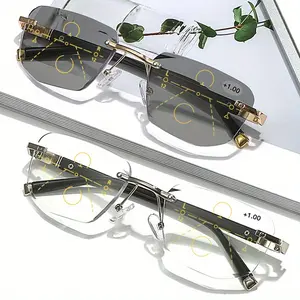New Graceful Metal Rimless Reading Glasses, Photochromic Multifocal Progressive Farsighted Glasses, Men Women Casual School Business Accessories, 2 Colors Available