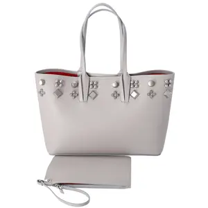 Pre-owned christian louboutin Leather Tote Bags Cabata Small Tote Gray Solid Classic Light Gray Studded