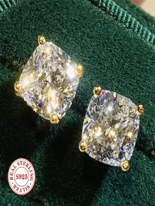 S925 Sterling Silver Gold Plated Cushion Cut Stud Earrings with Secure Setting, 8CT Sparkling Cubic Zirconia Diamond Simulant, Brilliant Zircon, Hypoallergenic Wedding Bridal Jewelry for Women, Studs Earrings