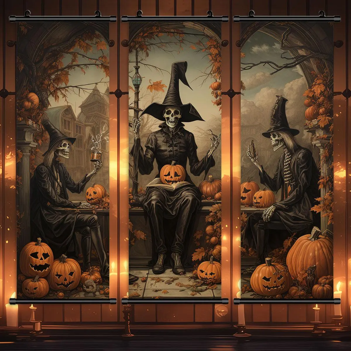 Halloween Skeleton Character & Pumpkin Pattern Wall Art, 3 Counts/set Horror Style Spooky Halloween Hanging Banner, Wall Art Decor for Home Living Room