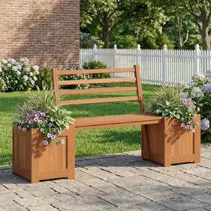 Wood Planter Bench with Backrest, 68" Outdoor Garden Seat with 2 Integrated Planter Boxes, Natural Hardwood Patio Bench for Yard, Porch, Balcony or Entryway, Patio Outdoor Furniture