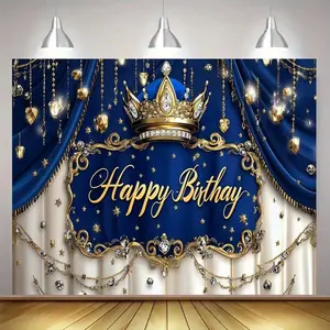 Noble Blue Crown & Curtain Pattern Birthday Party Background Banners - Ideal Birthday Item, Party Decoration, Suitable For Home, Garden, Indoor & Outdoor Decoration Courtyard Anniversary Celebration And Photo Props, Multi-Functional, 2d Flat
