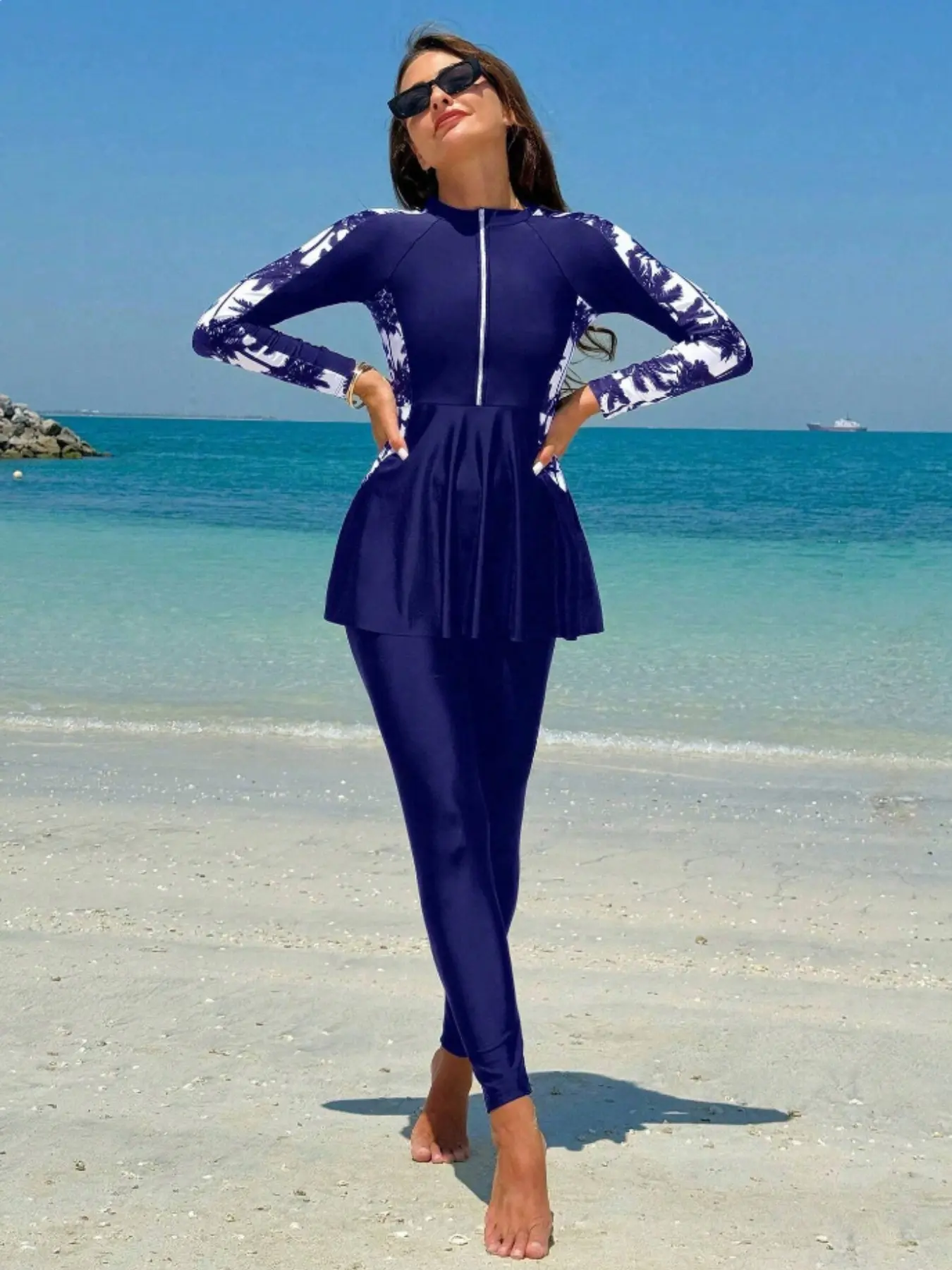Women's Muslim Style Tankini Swimsuit Set Two Piece, Coconut Tree Print Top Dress Design, Conservative Bikini Swimwear for Ladies, Modest Bathing Suits, Islamic Swimming Suit