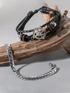 Men's Vintage Compass Decor Braids Design Layered Bracelet, and Link Bracelet Set, Casual Trendy Bracelet Set, Fashion Accessories for Daily Wear