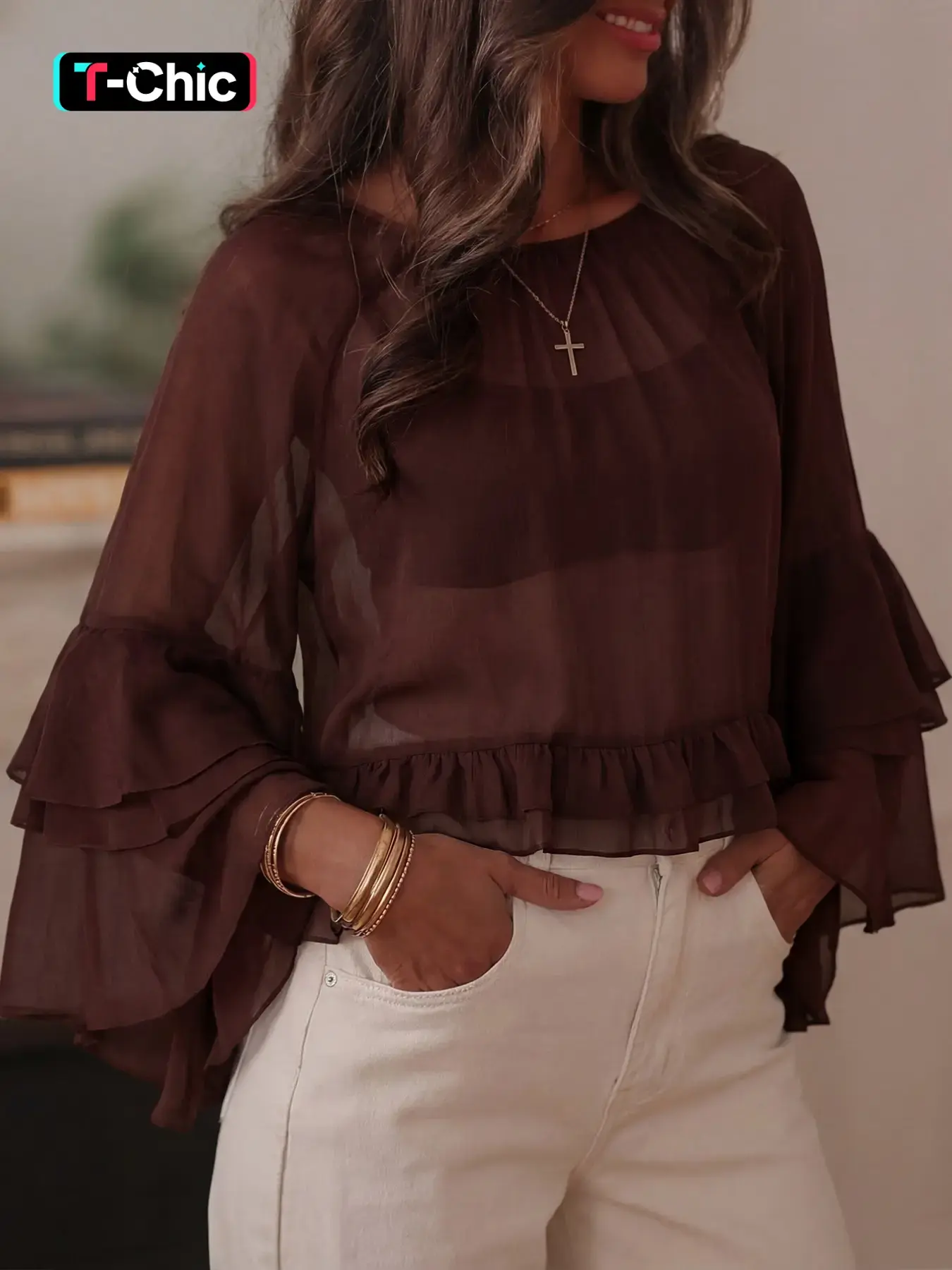 Women Sheer Chiffon Blouse Ruffle Bell Sleeve Top Flowy Long Sleeve Loose Fit Elegant Casual Everyday Chic Aesthetic Lightweight Romantic Boho Bohemian Top Brown Shirts