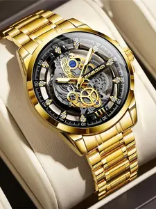 Men's Quartz Watch Luxury Business Casual Luminous Pointer Waterproof Hollow Design Butterfly Buckle Stainless Steel Strap Gift Water Resistant Watch