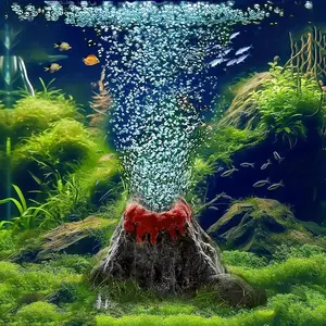Aquarium Volcano Ornament Kit with Air Stone Bubbler | Fish Tank Decoration Resin Volcano Mountain | Bubble Effect with Airline Tubing | Aquascape Decor for Small Tanks
