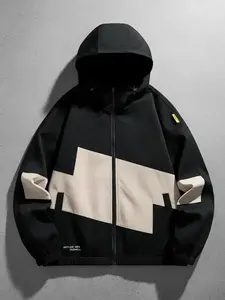 Men's Letter Print Patchwork Drawstring Zip Up Hooded Jacket, Regular Fit Casual Comfy Fashion Long Sleeve Pocket Outerwear with Tight Cuffs and Hem for Spring & Fall, Men's Clothes for Daily Wear