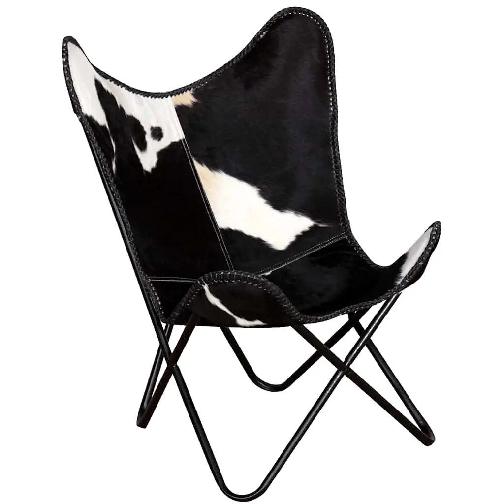 vidaXL Butterfly Chair, Accent Living Room Chair, Butterfly Armchair with Iron Frame, Industrial Style, Black and White Real Cowhide Leather 243729