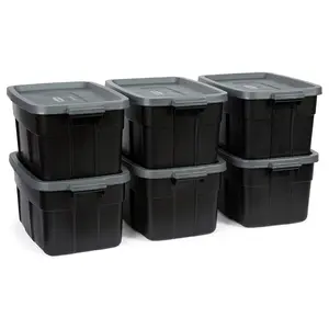 Rubbermaid Roughneck Tote 14 Gallon Storage Container, Black/Cool Gray (6 Pack)