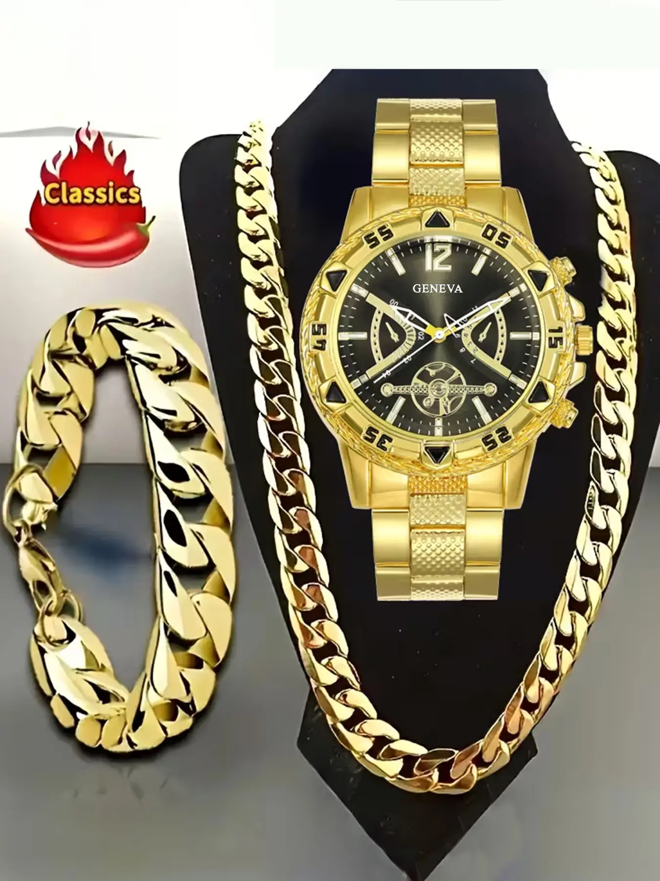 3-piece men's watch set, equipped with stylish business casual quartz watches, hip-hop Cuban chain necklaces, bracelets, and rings, perfect as holiday gifts, Trendy Watch Set